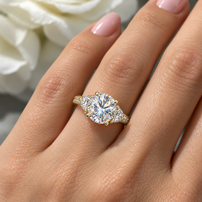 Oval Moissanite Engagement Ring, 14k Yellow Gold Moissanite Cluster Ring, Trillion Cut Accent Stones And Round Moissanite Ring For Her 7074