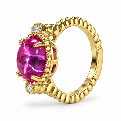 Oval Pink Engagement Ring 14K Yellow Gold Pink Sapphire Three Stone Ring For Women, Unique Cabochon Pink Sapphire Engagement Rings, #7217