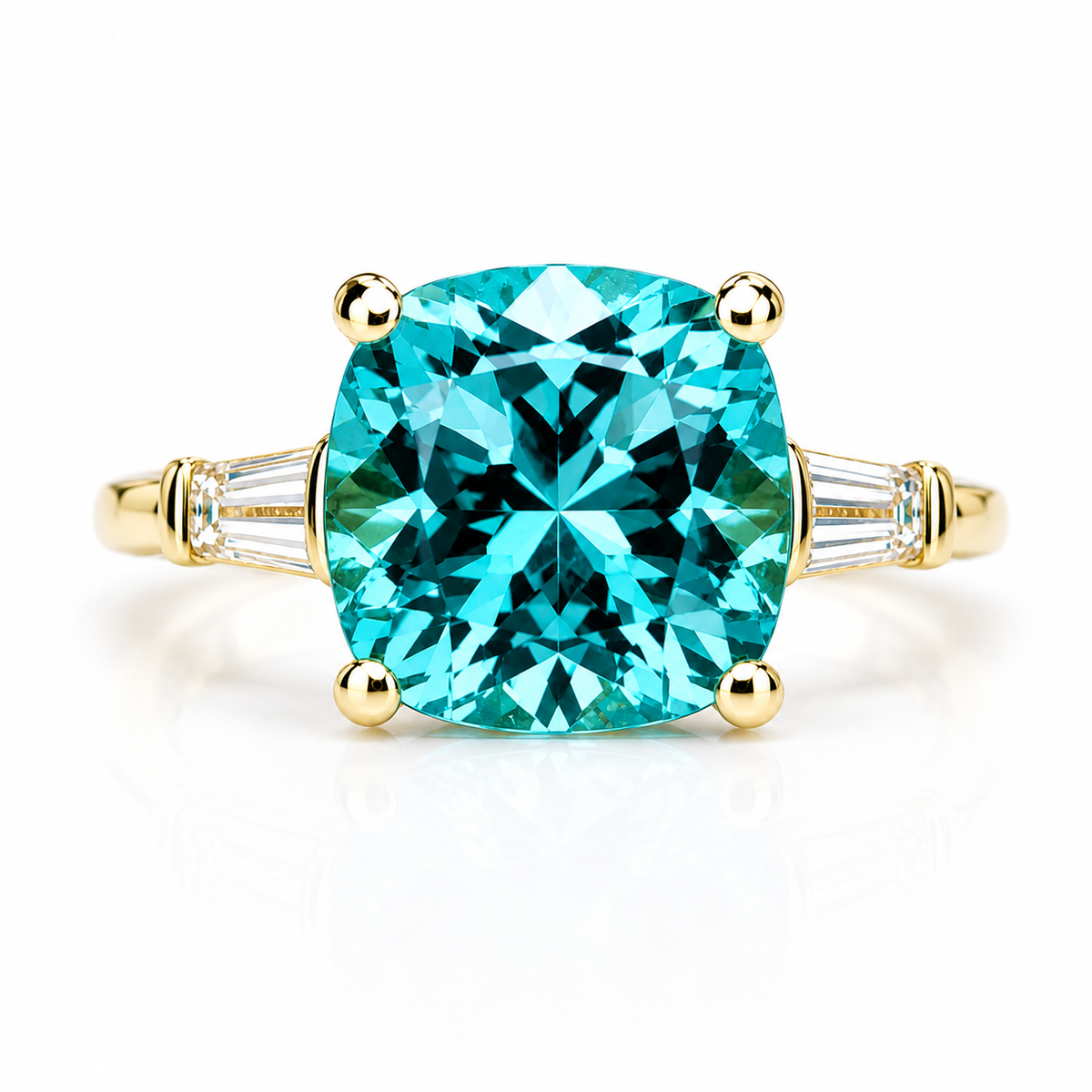 Blue Paraiba Tourmaline Cushion Moissanite Baguettes Engagement Ring  Three Stone Paraiba Tourmaline Anniversary Promise Wedding Ring