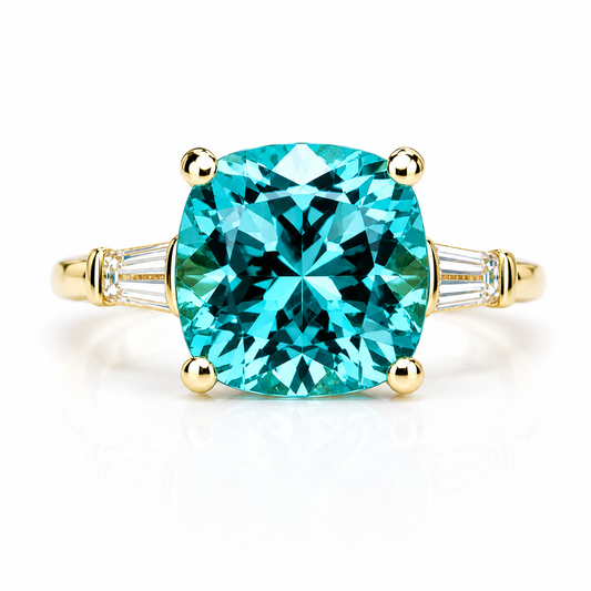 Blue Paraiba Tourmaline Cushion Moissanite Baguettes Engagement Ring  Three Stone Paraiba Tourmaline Anniversary Promise Wedding Ring