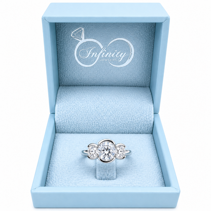 Moissanite Engagement Ring Bezel Set , Round Moissanite Three Stone Bezel Set Engagement Ring , Trendy Moissanite Ring For Women , #8813