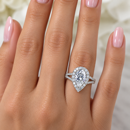 Certified Moissanite Pear Shape And Moissanite Halo 3.00ctw.  Engagement Wedding Anniversary Ring  14K White Gold