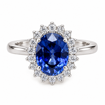 Oval Cut Blue Sapphire Engagement Ring, Diamond Halo Engagement Ring,  Moissanite Ring, 2.50ctw, 14K White Gold #6077 #6807
