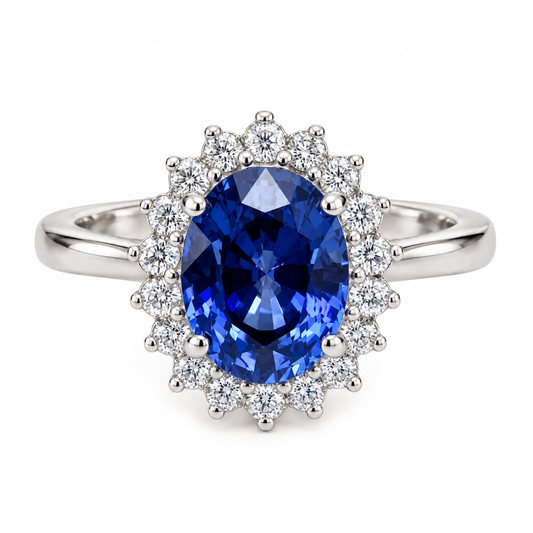 Oval Cut Blue Sapphire Engagement Ring, Diamond Halo Engagement Ring,  Moissanite Ring, 2.50ctw, 14K White Gold #6077 #6807