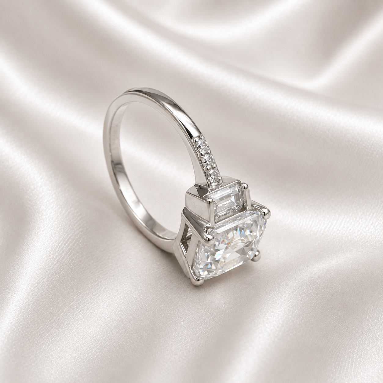 Moissanite Emerald Cut Engagement Ring With Emerald Cut Sides And Round Accents, Three Stone Engagement Ring, 14K White Gold #4660 #6883