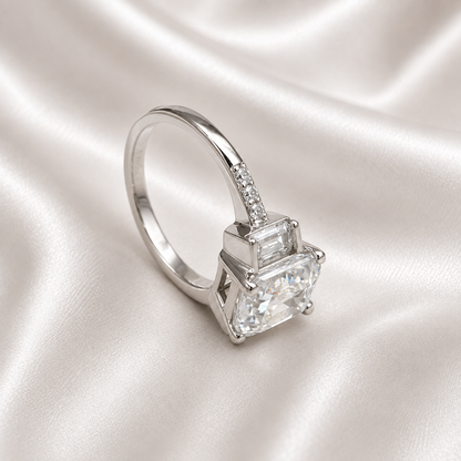 Moissanite Emerald Cut Engagement Ring With Emerald Cut Sides And Round Accents, Three Stone Engagement Ring, 14K White Gold #4660 #6883