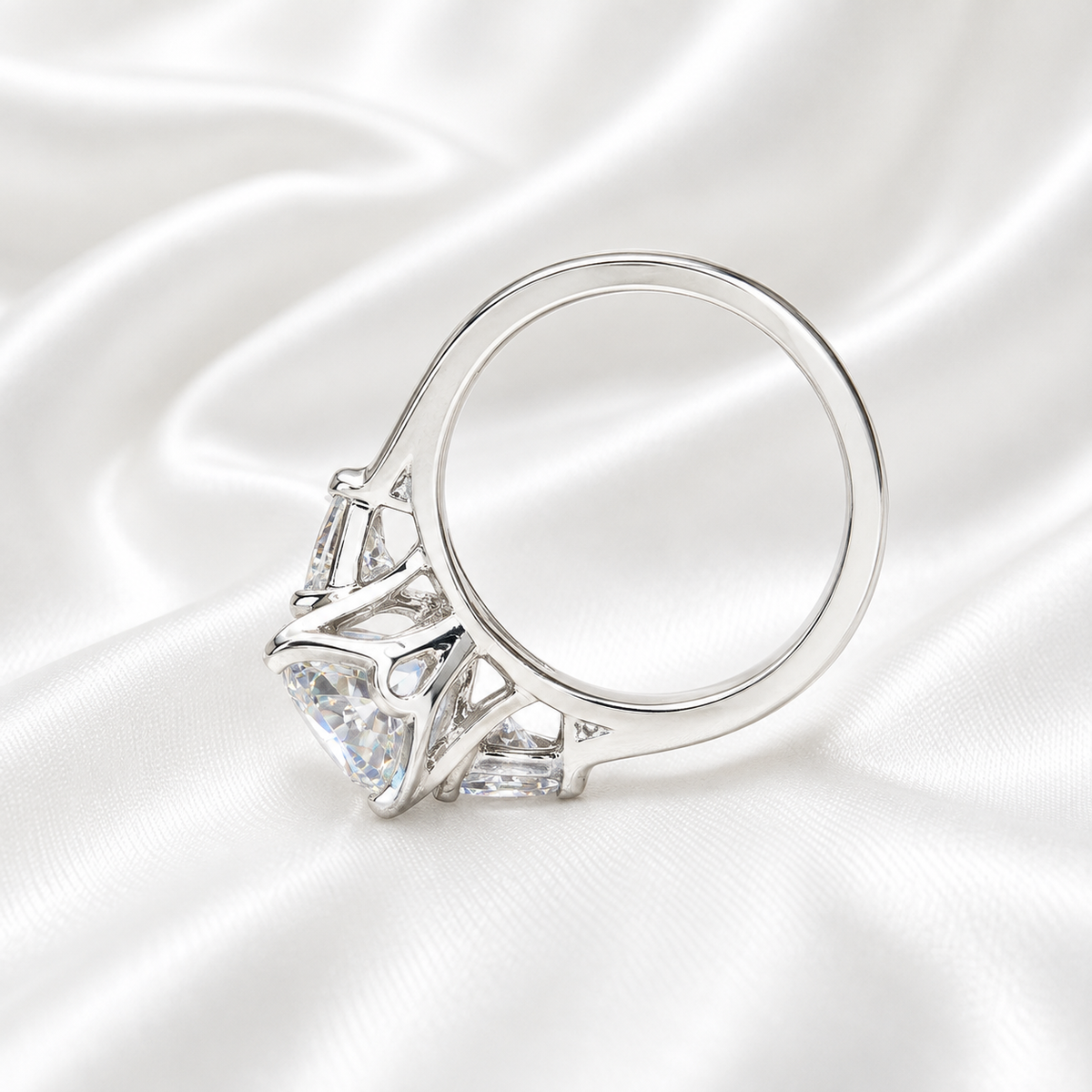 Moissanite Engagement Ring Cushion Cut, Elongated Cushion Shaped Three Stone Wedding Ring, 14k White Gold Trillion Moissanite Ring,  #5545