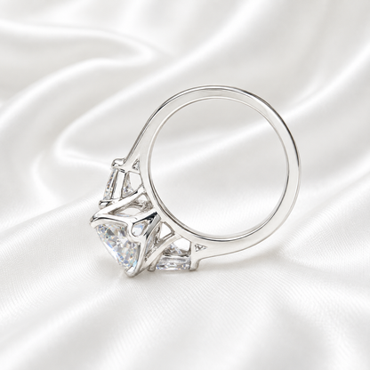 Moissanite Engagement Ring Cushion Cut, Elongated Cushion Shaped Three Stone Wedding Ring, 14k White Gold Trillion Moissanite Ring,  #5545