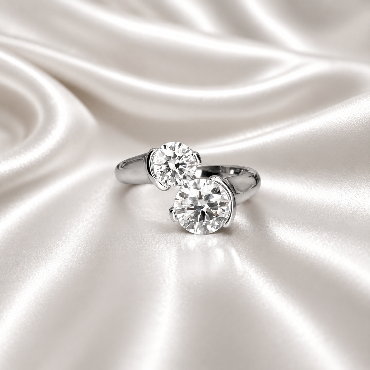 1.50 CTW Round Cut 2 Stone Lab Grown Diamond Ring 14k Solid Gold , Toi Et Moi Diamond Ring Gift For Mom , Twist Band Lab Diamond Ring #8349