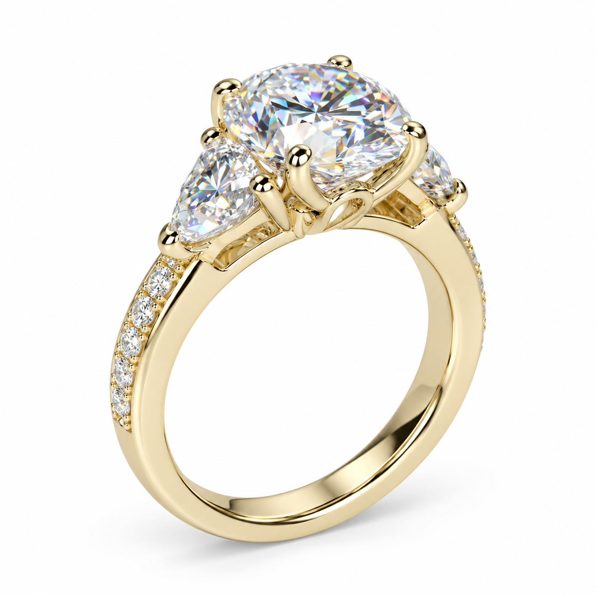 Oval Moissanite Engagement Ring, 14k Yellow Gold Moissanite Cluster Ring, Trillion Cut Accent Stones And Round Moissanite Ring For Her 7074