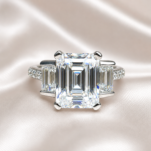 Moissanite Emerald Cut Engagement Ring With Emerald Cut Sides And Round Accents, Three Stone Engagement Ring, 14K White Gold #4660 #6883