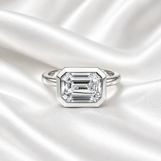 Emerald Cut Engagement Ring / Certified Moissanite Ring / East To West Bezel Set Ring / 14k White Gold / #6318