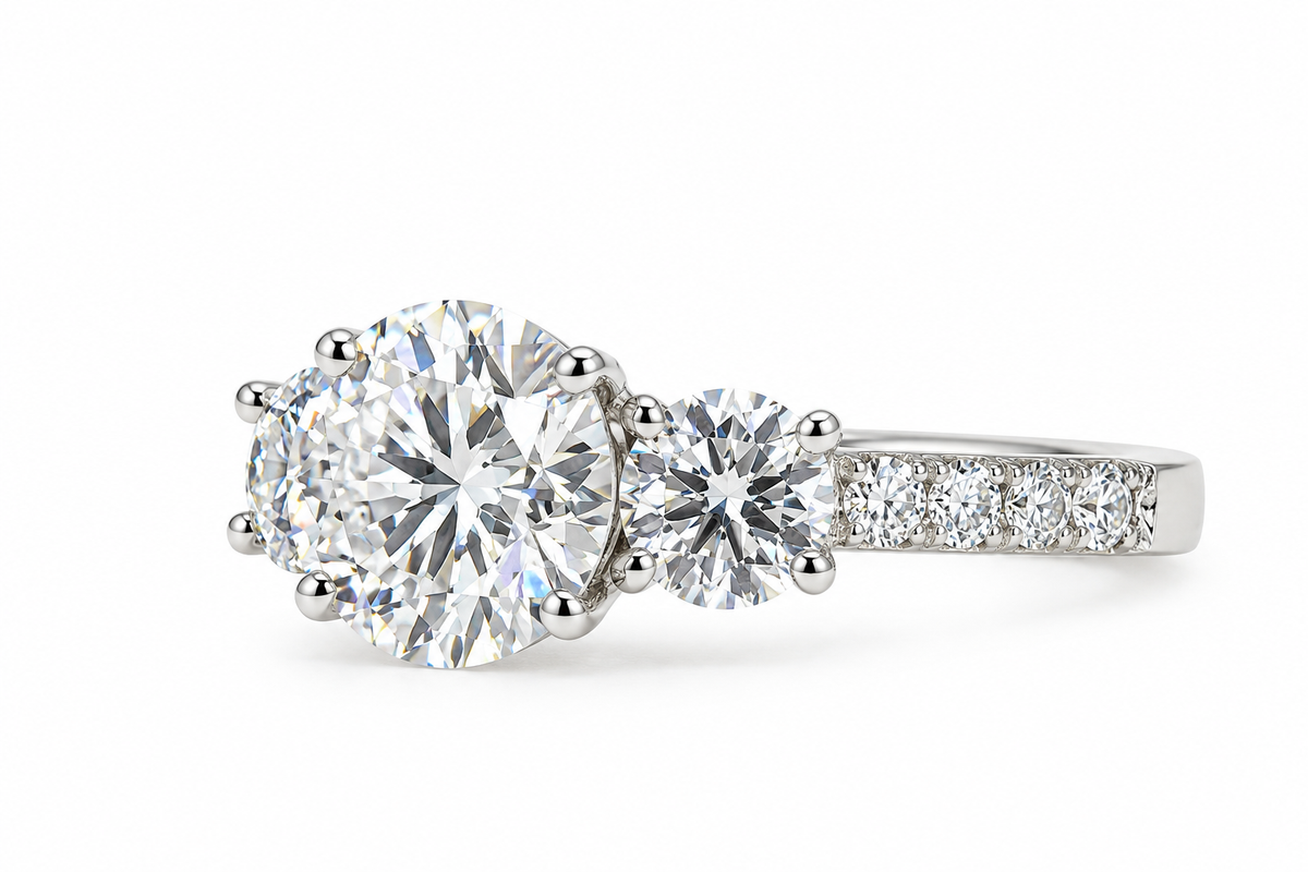 Moissanite Engagement Ring Three Stone Round 14K Solid White Gold For Women, Vintage Unique Engagement Ring, Simple Three Stone Ring,  #6659