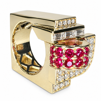 Moissanite and ruby chunky dome ring 14k solid gold art deco geometric ring unique ruby/moissanite statement ring, Unisex ruby rings #7759