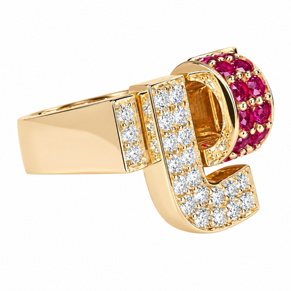 Moissanite and ruby chunky dome ring 14k solid gold art deco geometric ring unique ruby/moissanite statement ring, Unisex ruby rings #7759