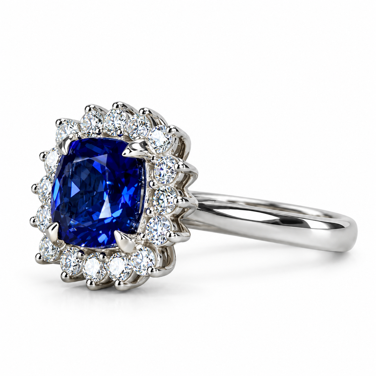 Blue Sapphire Cushion Cut And Diamond Halo Engagement Ring, 14k White Gold Blue Sapphire And Moissanite Halo Ladies Wedding Ring
