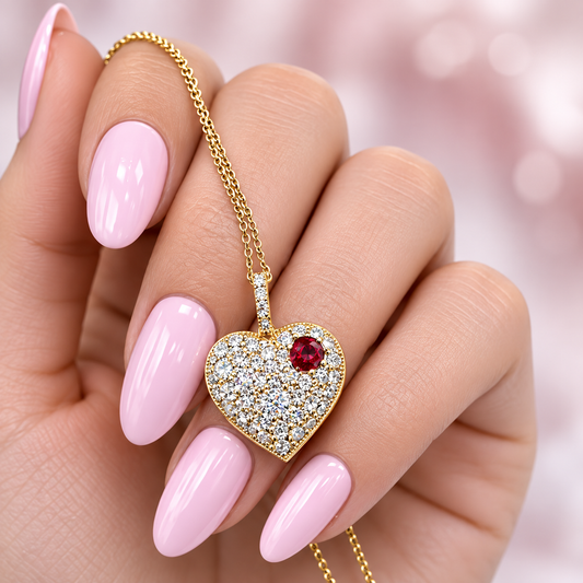 Lab Grown Diamond Heart Pendant With Ruby or Pink Sapphire 14K Solid Gold , Birthstone Heart Pendant , Puffy Heart Necklace #8861