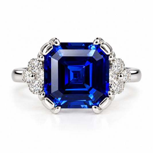 Asscher Cut Blue Sapphire Engagement Ring , 14K Solid Gold Unique Vintage Asscher Cut Sapphire Ring Ladies Blue Sapphire Wedding Ring
