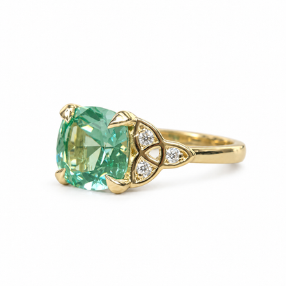 Green Paraiba Engagement Ring 14K White Gold Green Cushion Cut Celtic Engagement Ring Moissanite Celtic Gold Wedding Promise Ring #7301