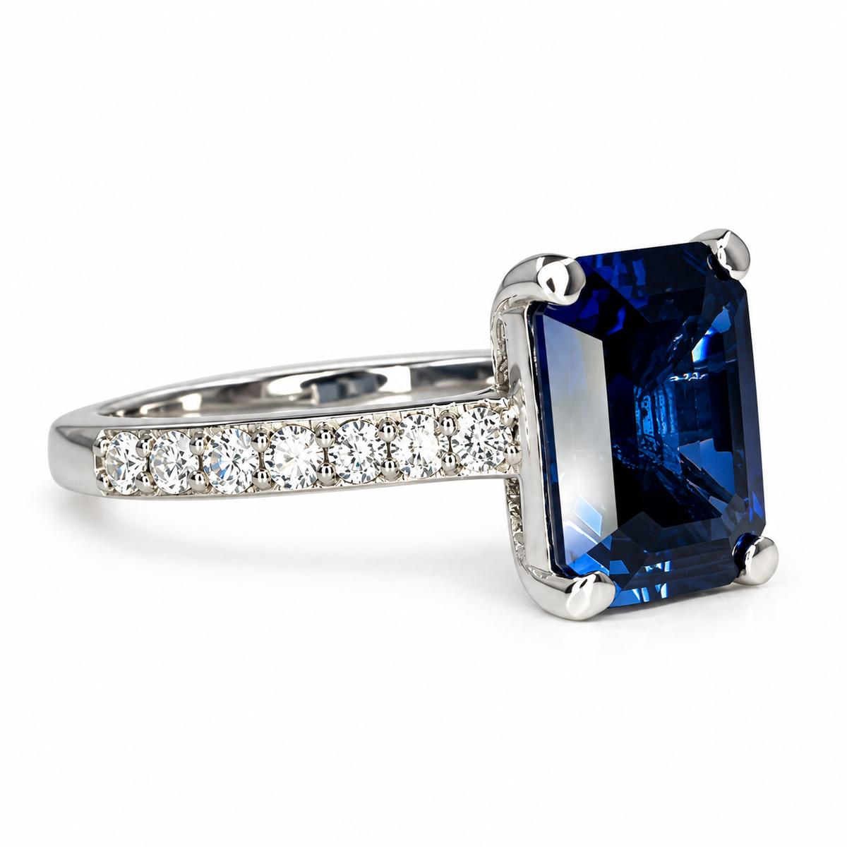 Emerald Cut Blue Sapphire Engagement Ring 14K White Gold,  September Birthstone Ring For Ladies,  Blue Sapphire and Moissanite Ring,   #6373