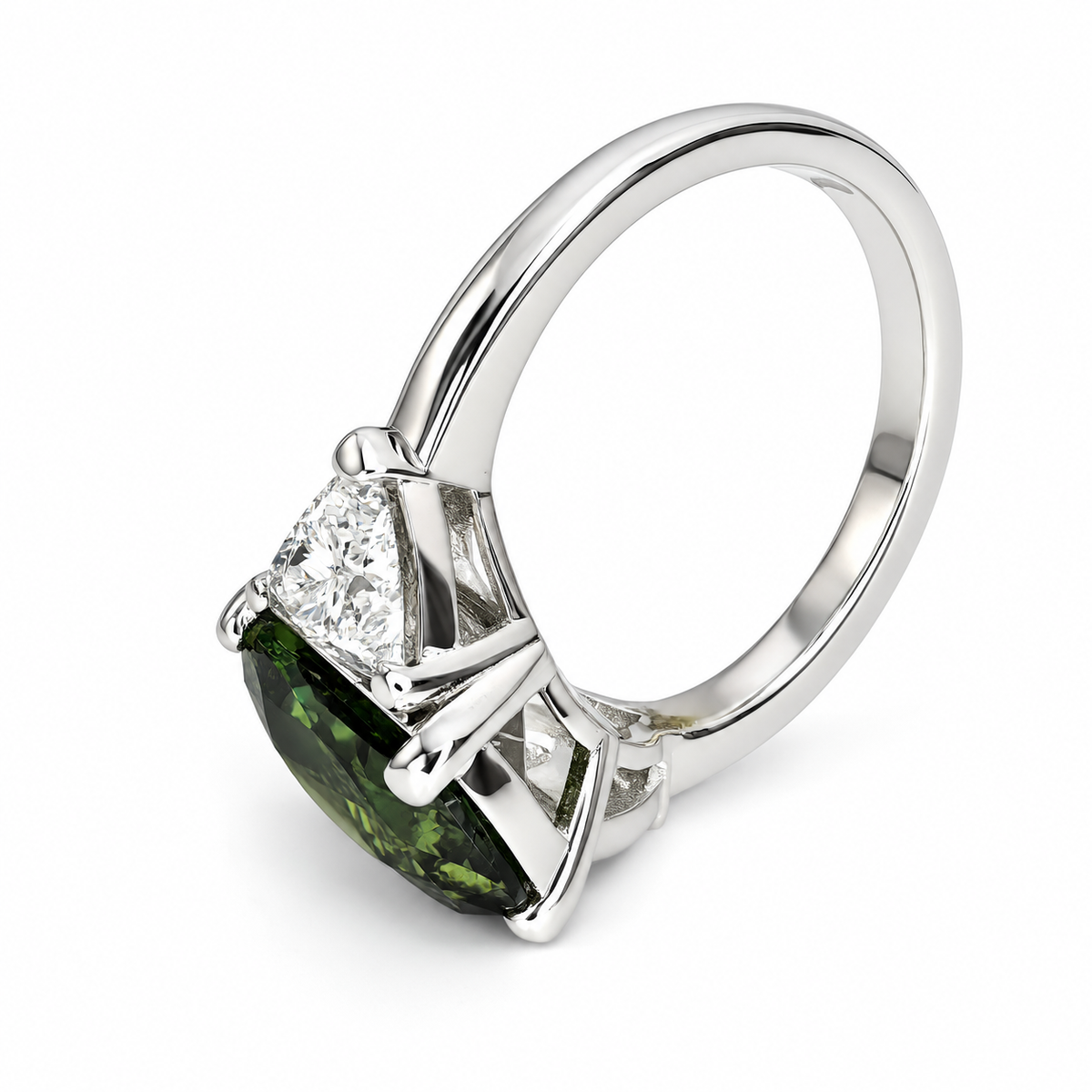 Olive Green Sapphire Engagement Ring 14K Gold , Unique Elongated Cushion Cut Olive Green Sapphire Anniversary Ring , Three Stone Ring  #7345