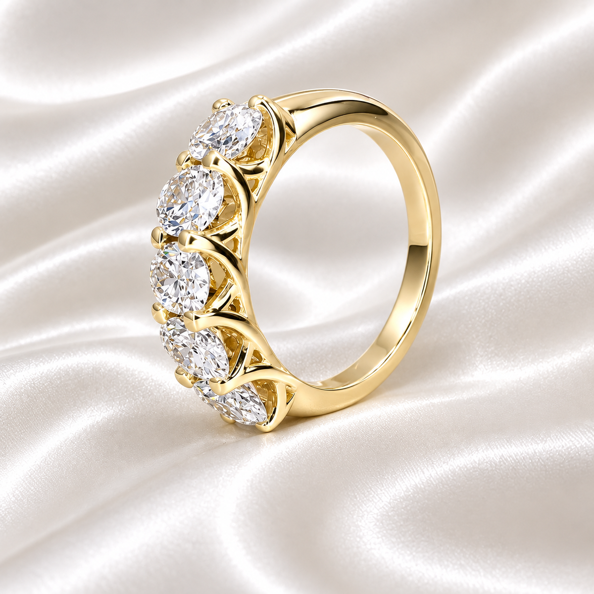 Lab grown diamond wedding band, Lab created diamond half eternity band 14k solid gold, 5 stone oval cut diamond ring, cvd diamond ring