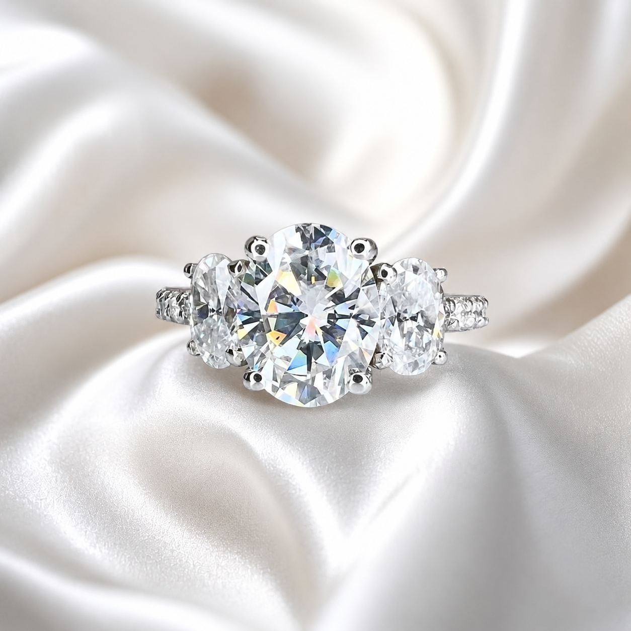 3.00 Carat Oval Lab Grown Diamond Engagement Ring 14k Solid Gold , Three Stone Oval Cut IGI Certified Lab Created Diamond Wedding Ring #8373