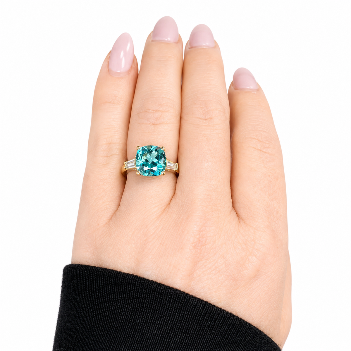 Blue Paraiba Tourmaline Cushion Moissanite Baguettes Engagement Ring  Three Stone Paraiba Tourmaline Anniversary Promise Wedding Ring
