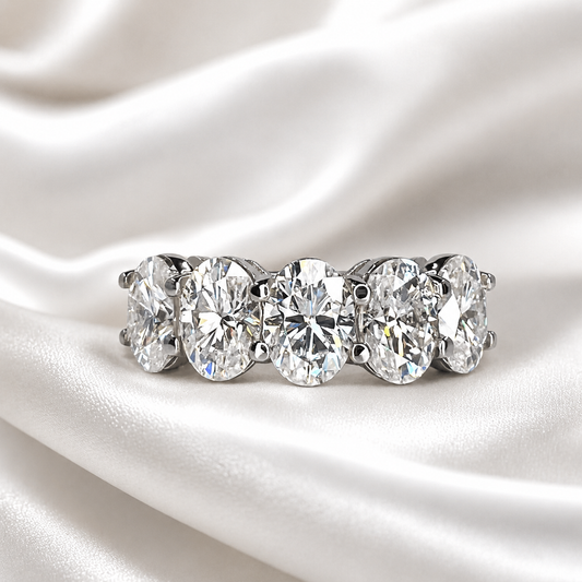 Lab grown diamond wedding band, Lab created diamond half eternity band 14k solid gold, 5 stone oval cut diamond ring, cvd diamond ring