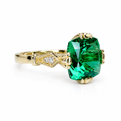 Cushion Cut Emerald And Diamond Engagement Ring, 14k Yellow Gold Cushion Cut Emerald Wedding Ring, Ladies Emerald And Diamond Ring     #5975