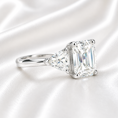Asscher Cut Engagement Ring / Moissanite Wedding Ring / Asscher and Trillion Ring / 14k White Gold