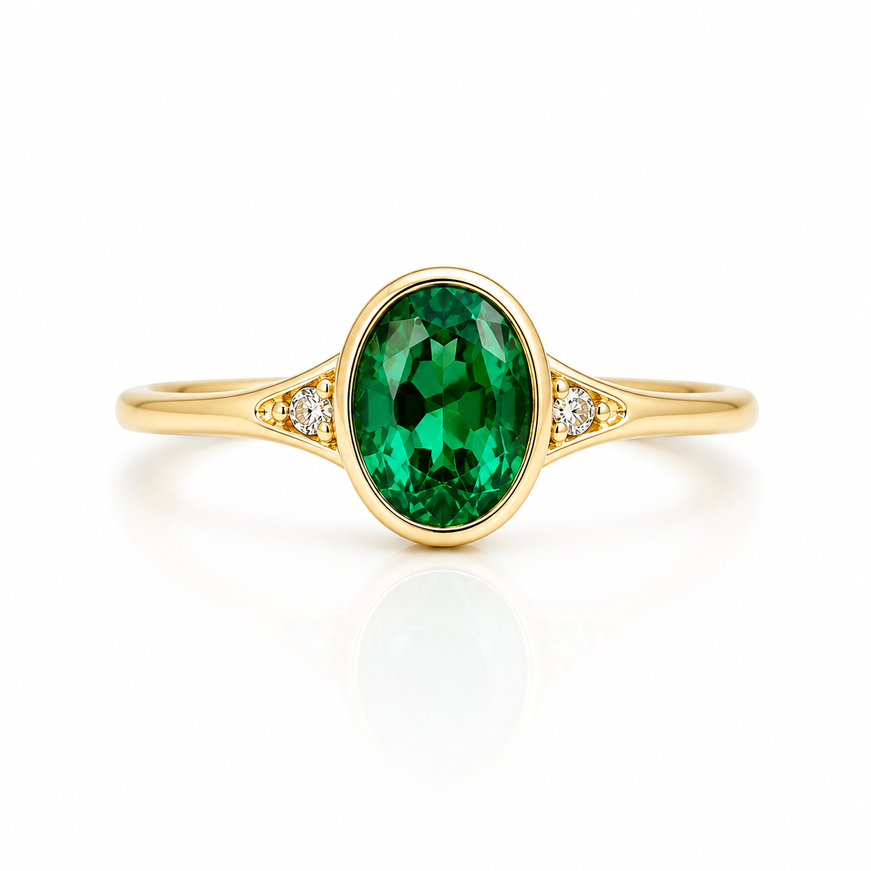 Emerald Ring, 14K Gold Emerald and Diamond Ring, Oval Cut Bezel Setting Emerald Ring, Modern Engagement Ring, May Birthstone Ring #8837