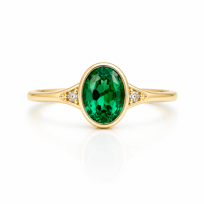 Emerald Ring, 14K Gold Emerald and Diamond Ring, Oval Cut Bezel Setting Emerald Ring, Modern Engagement Ring, May Birthstone Ring #8837