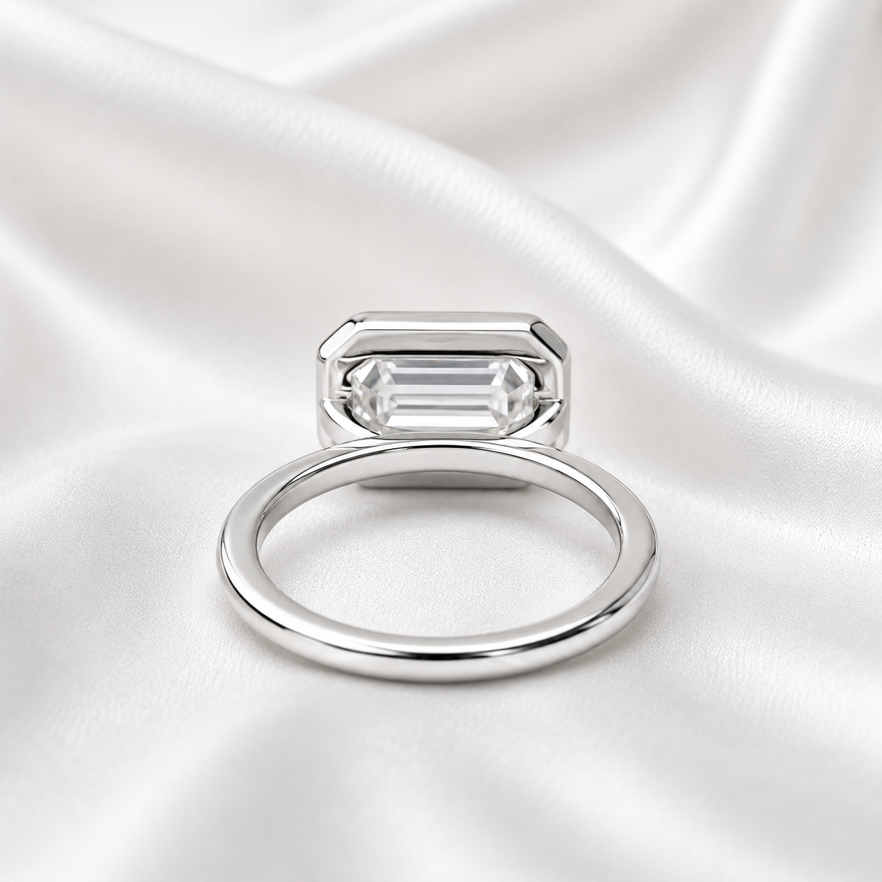 Emerald Cut Engagement Ring / Certified Moissanite Ring / East To West Bezel Set Ring / 14k White Gold / #6318
