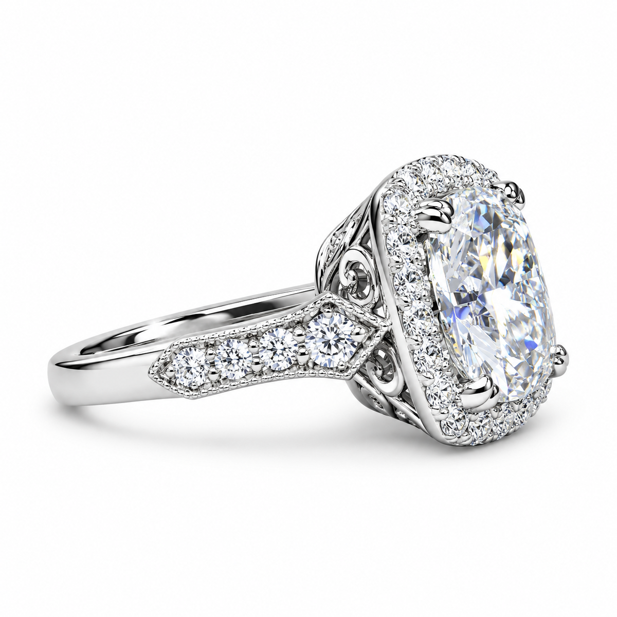 Moissanite Engagement Ring 14k White Gold , Cushion Cut Moissanite Promise Ring For Her , Unique Vintage Halo Anniversary Bridal Ring  #7333