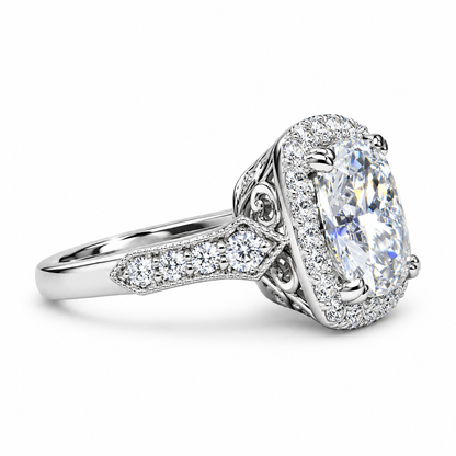 Moissanite Engagement Ring 14k White Gold , Cushion Cut Moissanite Promise Ring For Her , Unique Vintage Halo Anniversary Bridal Ring  #7333