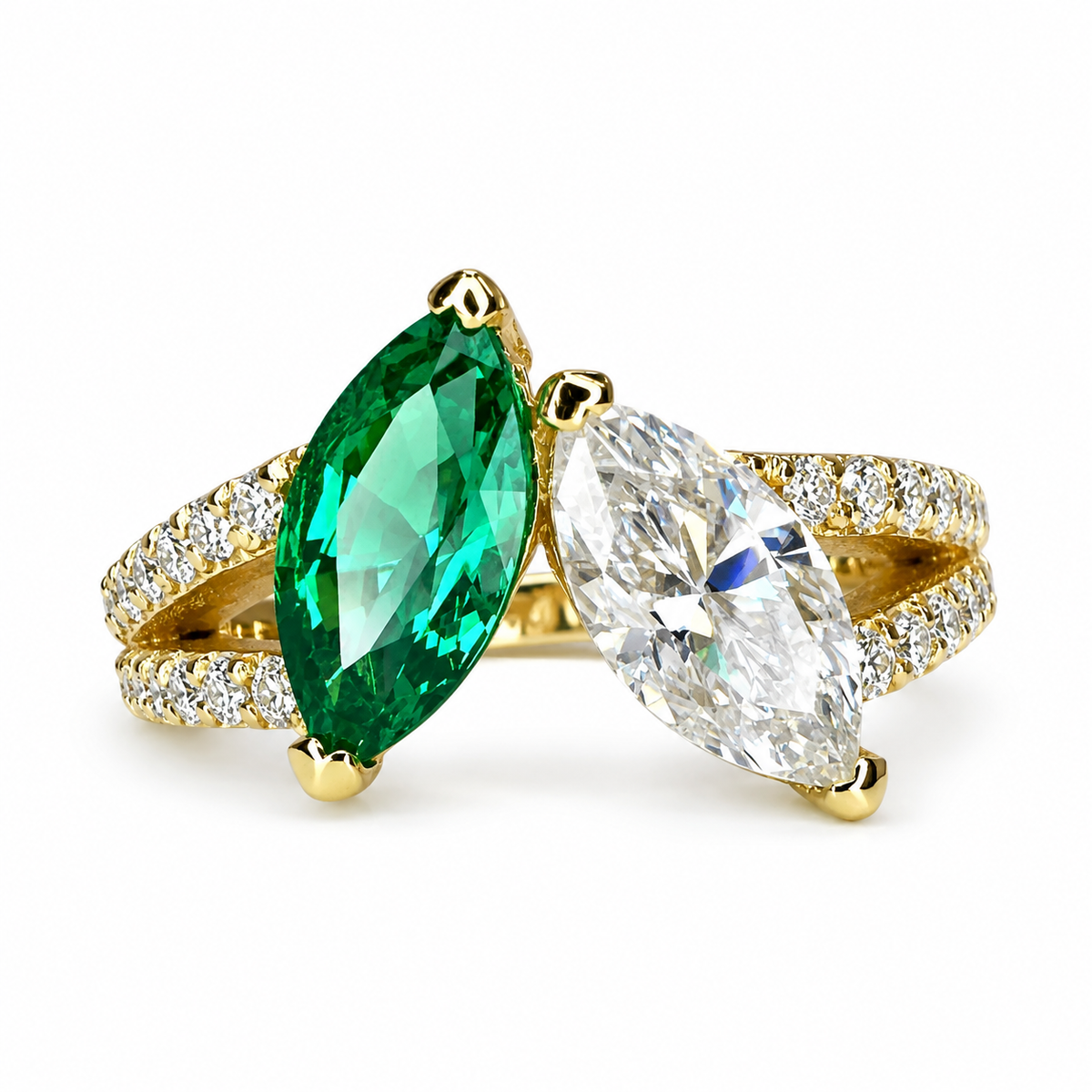 Toi et Moi Ring, Two Stone Engagement Ring Birthstone Ring Emerald Marquis and Moissanite Unique Engagement Ring Anniversary Ring  Love Ring