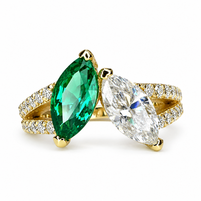 Toi et Moi Ring, Two Stone Engagement Ring Birthstone Ring Emerald Marquis and Moissanite Unique Engagement Ring Anniversary Ring  Love Ring