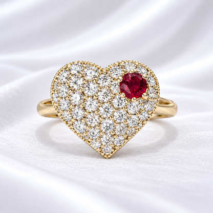Lab Grown Diamond Heart Ring with Birthstone, Gemstone Accent Heart Ring, Diamond Heart Promise Ring, Romantic Gift for Her #8882