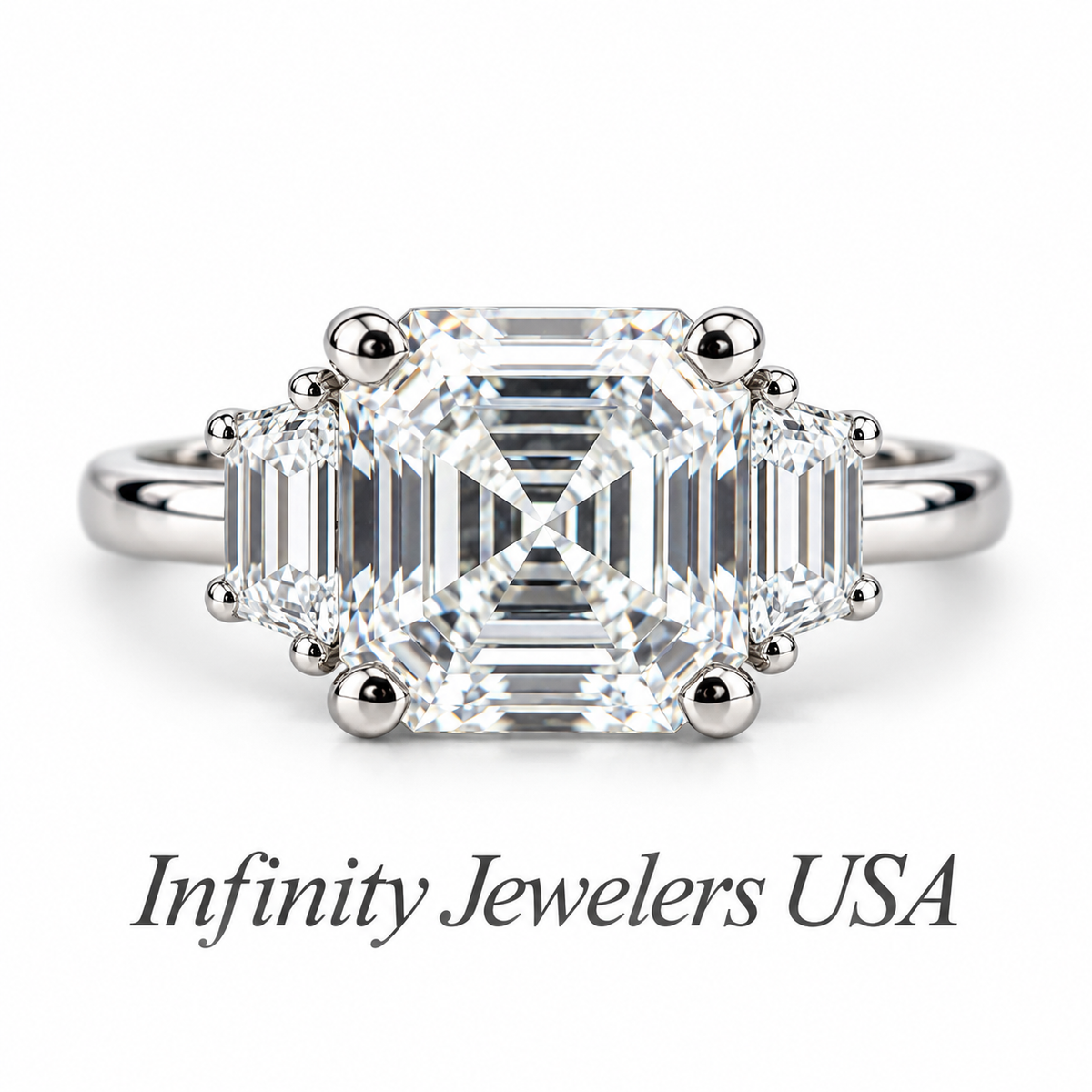 Moissanite Asscher Cut Engagement Ring, Asscher Ring With Trapezoid Accents Moissanite Ring, 14k White Gold Ladies Moissanite Ring  #6705