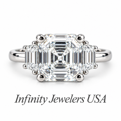 Moissanite Asscher Cut Engagement Ring, Asscher Ring With Trapezoid Accents Moissanite Ring, 14k White Gold Ladies Moissanite Ring  #6705