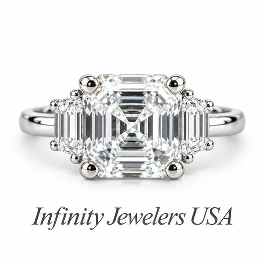 Moissanite Asscher Cut Engagement Ring, Asscher Ring With Trapezoid Accents Moissanite Ring, 14k White Gold Ladies Moissanite Ring  #6705