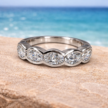 5 Stone Oval Lab Grown Diamond Anniversary Band 14K Solid Gold, East West Oval Lab Diamond Wedding Band #8934