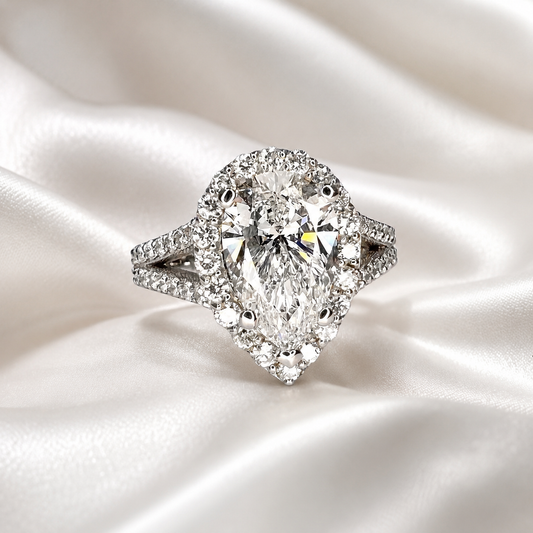 Lab created diamond engagement ring 14k solid gold, Pear shaped lab grown diamond ring, Lab grown diamond hidden halo engagement ring