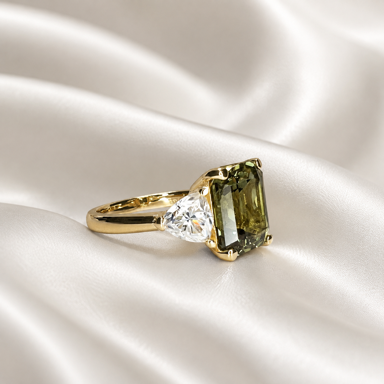 Olive Green Sapphire Ring - Radiant Cut Three Stone Engagement Ring 14k Solid Gold