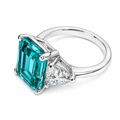 Paraiba Tourmaline Engagement Ring White Gold Emerald Cut Neon Blue Paraiba Tourmaline Ring For Women Unique Ring Moissanite Trillions #6824