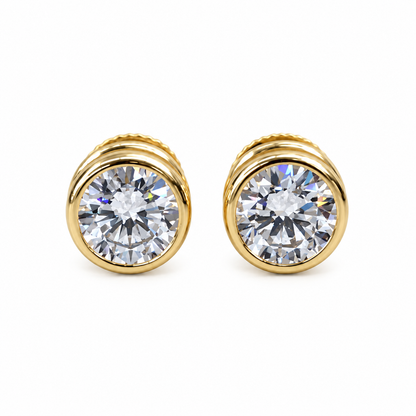 Round Moissanite Earrings 14K Yellow Gold, Bezel Set Moissanite Earrings, Round Shape Earrings With Moissanite, Forever One Moissanite, 6627