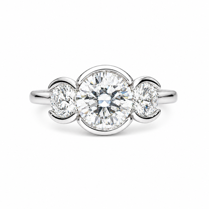 Moissanite Engagement Ring Bezel Set , Round Moissanite Three Stone Bezel Set Engagement Ring , Trendy Moissanite Ring For Women , #8813