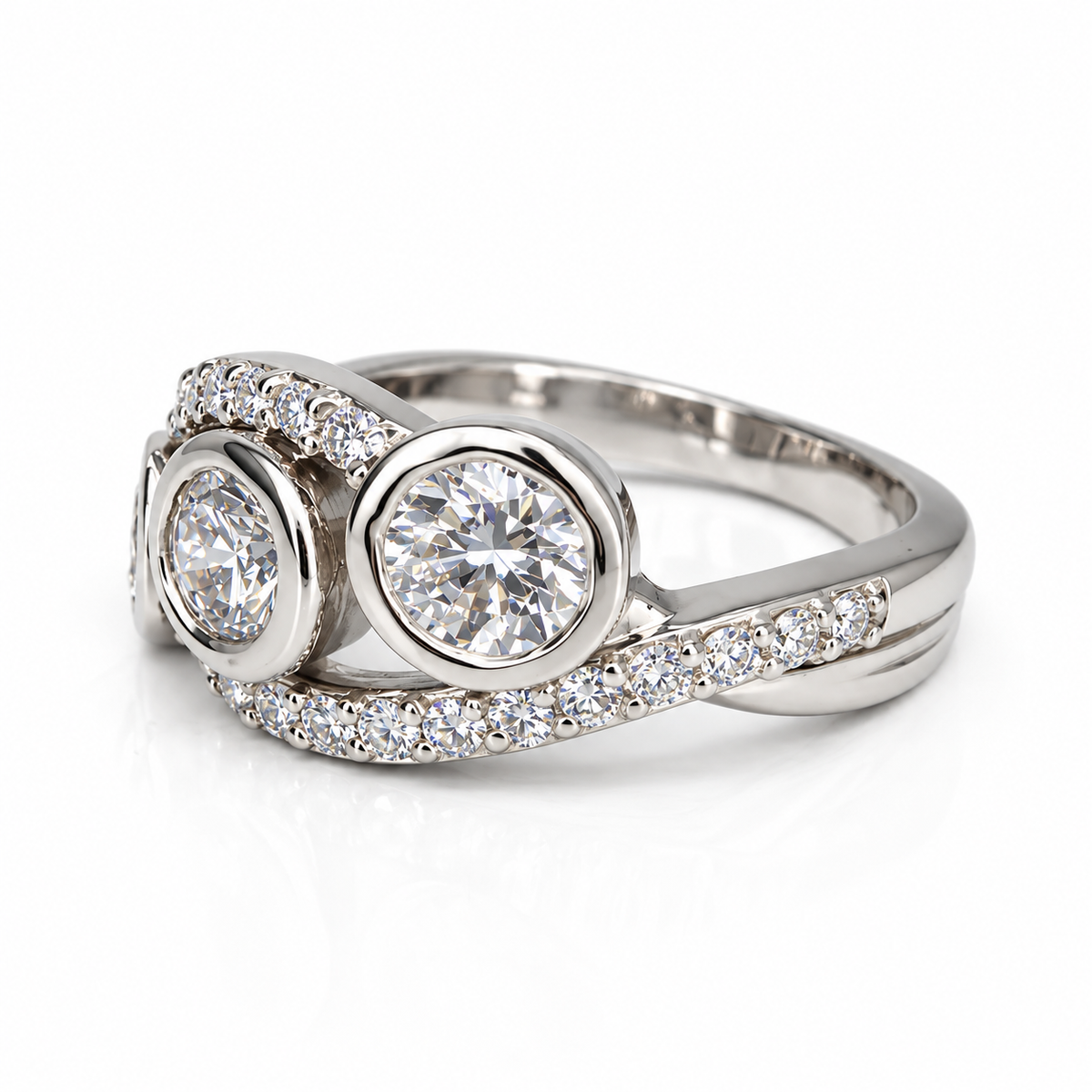 Three Stone Diamond Ring, Bezel Set Lab Grown Diamond Ring,  Modern Diamond Band #8924
