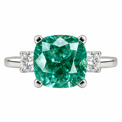 Paraiba Tourmaline Ring, Three Stone Engagement Ring, 14K White Gold, Cushion Cut Paraiba Ladies Ring, Paraiba And Moissanite Ring, #6869